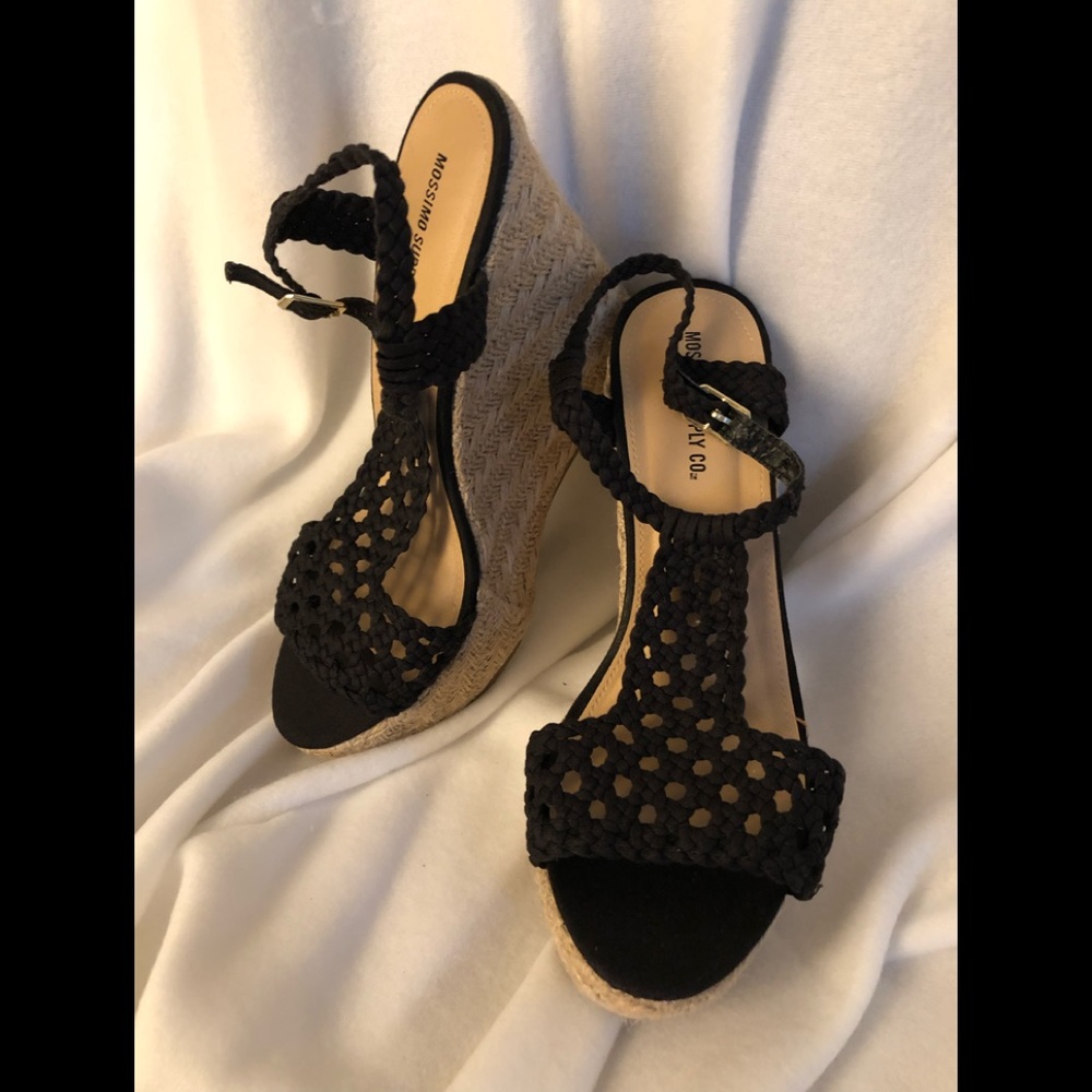 Black Wedge Sandals Macrame with Espadrille Heels